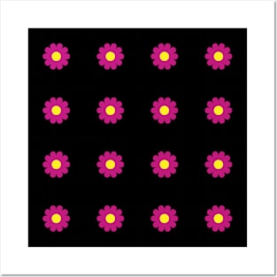 Cerise daisies with Yellow centres on a Black background Posters and Art